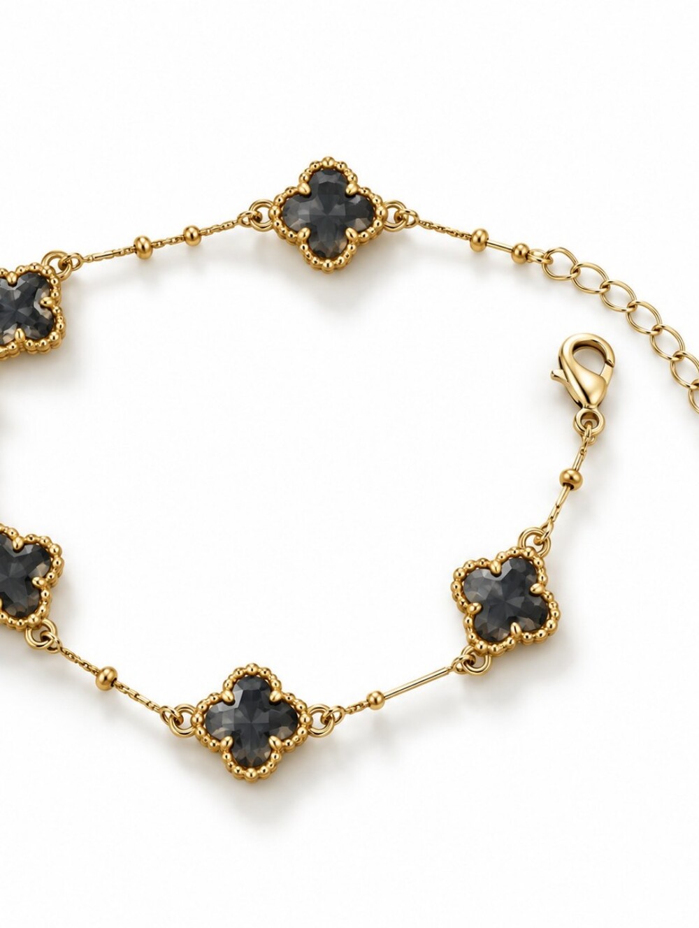 Gold-Tone Black Crystal Clover Bracelet Adjustable
